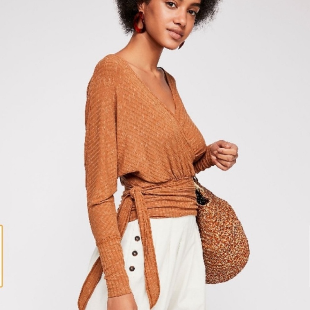 BOGO! Free People East Coast Ribbed Knit Wrap Sweater Top Tan Size XS